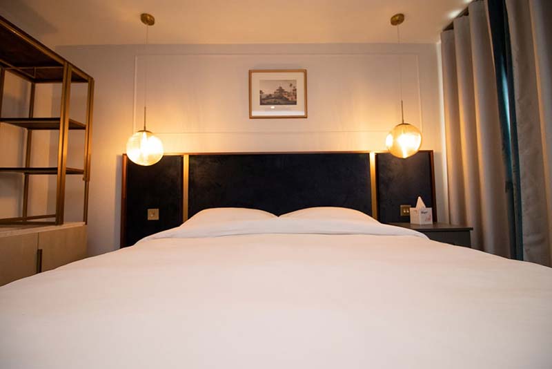 Stylish hotel room with soft lighting
